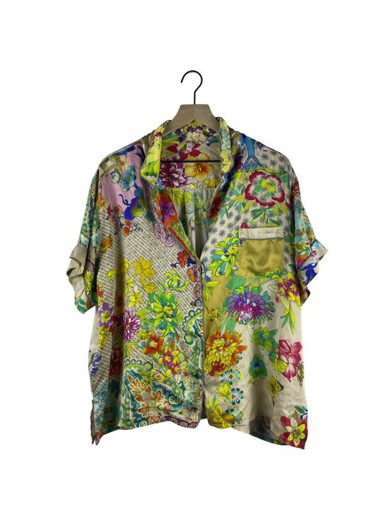 Johnny Was Tops - Johnny Was Aero Jules 100% Silk Floral Patchwork Womens Button Down Blouse Large